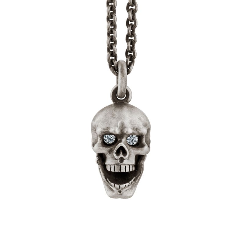 Skull Pendant with Hinged Jaw and Diamond Eyes in Sterling Silver image