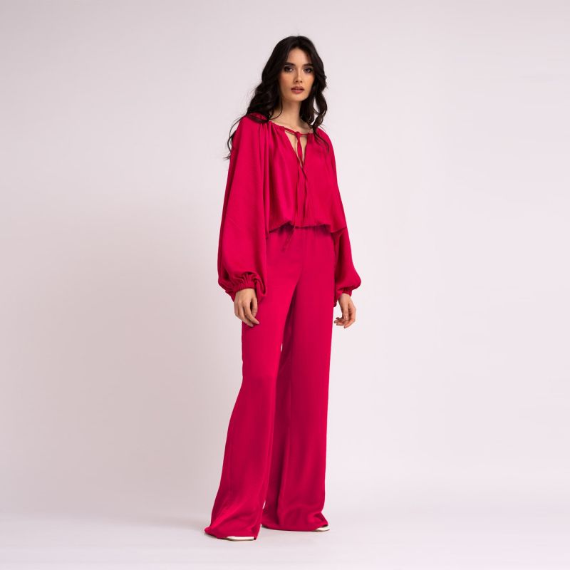 Neon Pink Set With Blouse And Wide Leg Trousers image