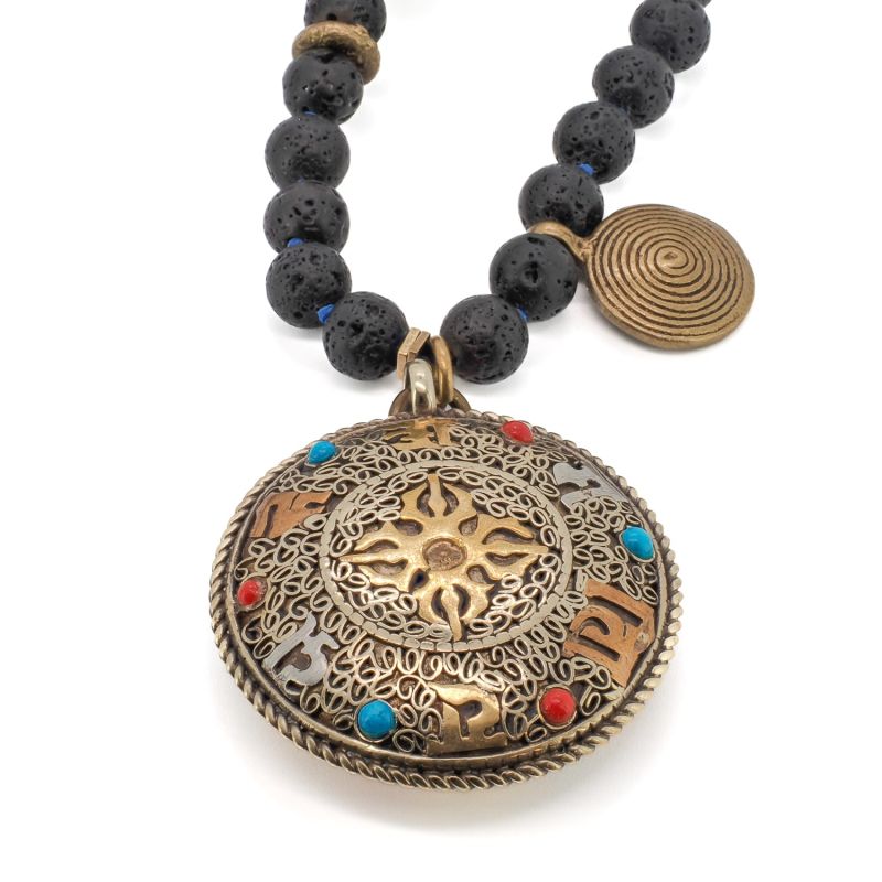 Nepal Gold & Gemstone Mantra Pendant Black Beaded Spiritual Necklace - Black image