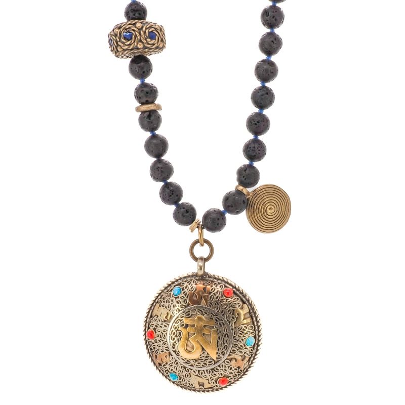 Nepal Gold & Gemstone Mantra Pendant Black Beaded Spiritual Necklace - Black image