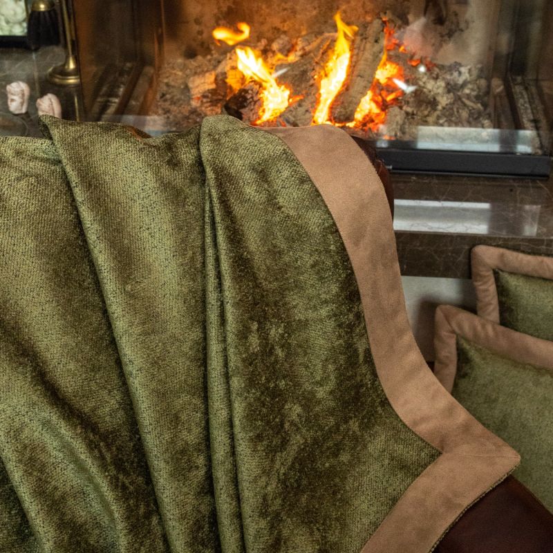 Albero Olive Green Velvet Throw Blanket With Camel Suede Borders 22