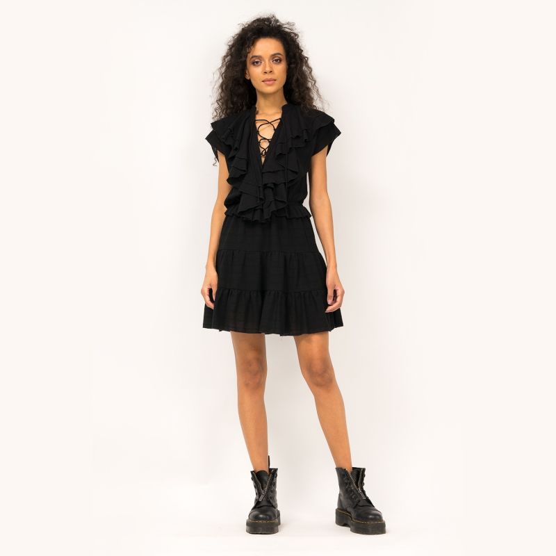 Black Mini Dress With Ruffles & String Neckline image