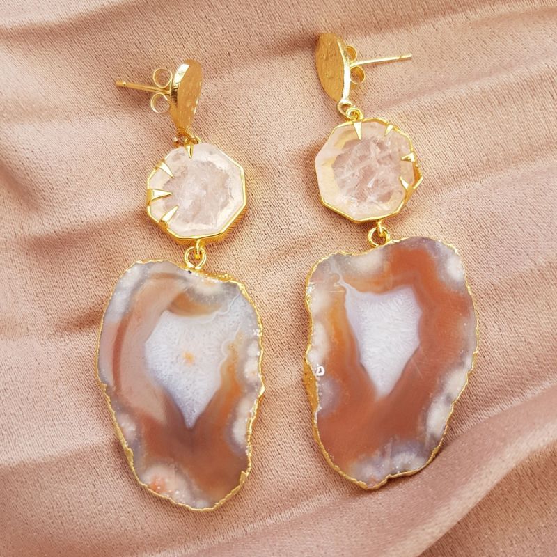 'Hold On' Rose Quartz Agate Gemstone Gold Statement Earrings image