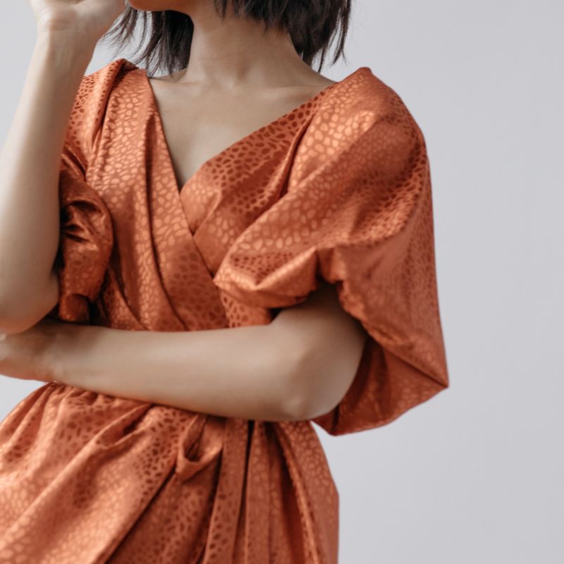 Bloom Burnt Orange Jacquard Draped Wrap Dress image