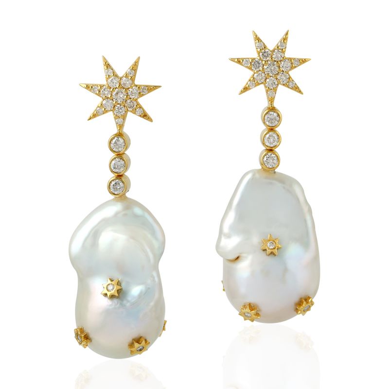 Pearl Chinese & Diamond Dangle Earring In 18K Yellow Gold Handmade Jewelry image