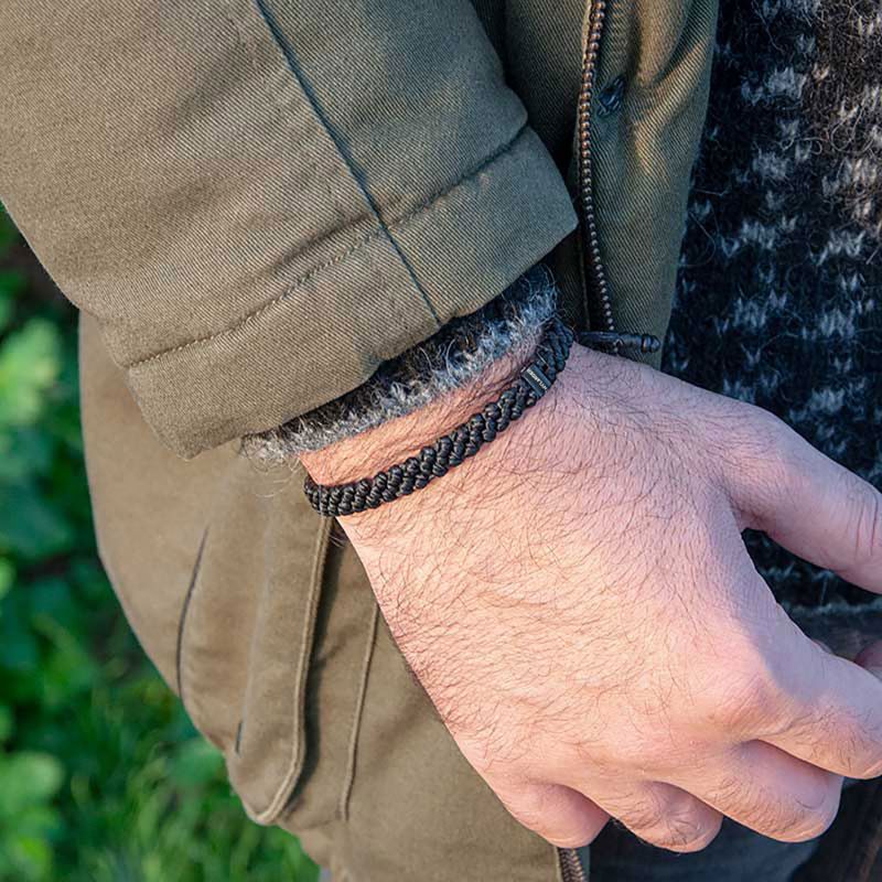 Chunky Black Rope Bracelet Waxed Cord & Stainless Steel - Black image