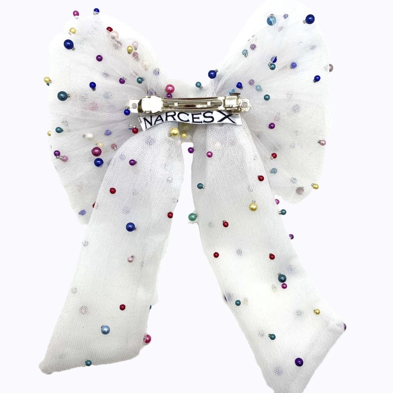 Multicolour Pearl Embellished Mesh Bow Hair Clip image