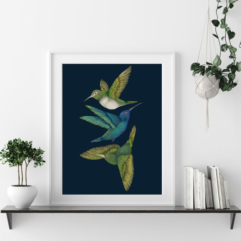 Antique Hummingbirds Iii Indigo Fine Art Print - A4 image