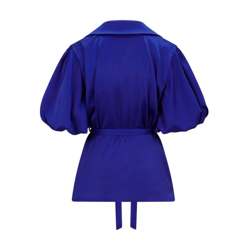 Draped Puff Sleeve Belted Blouse - Royal Blue image