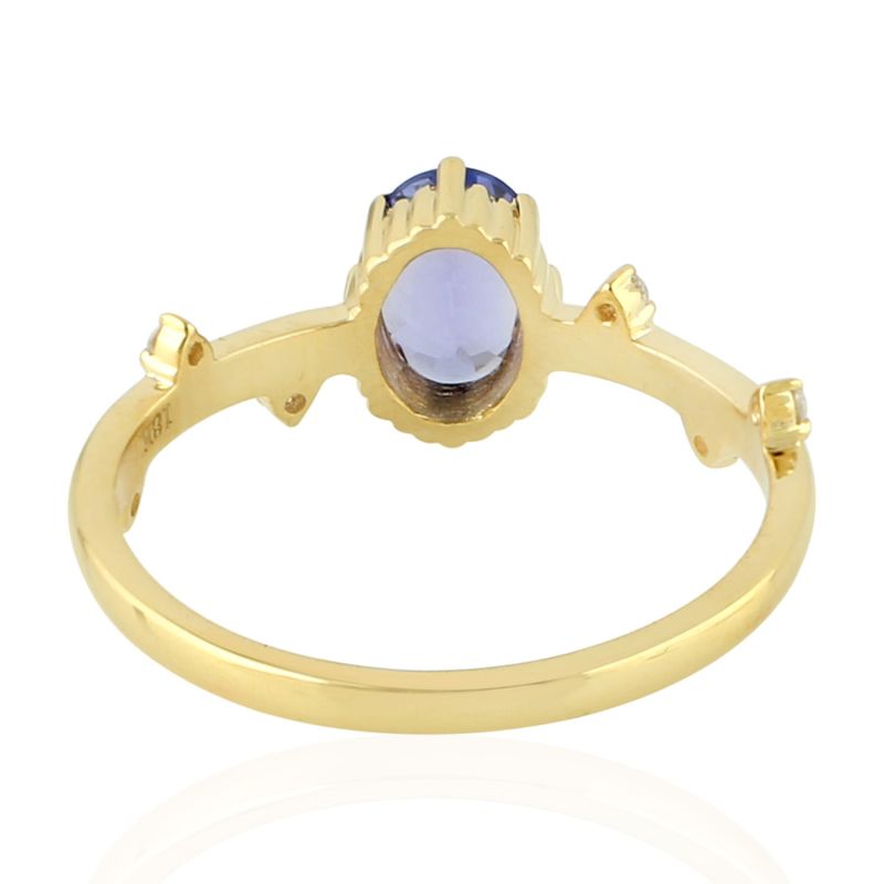 18K Solid Yellow Gold In Prong Set Oval Cut Tanzanite & Diamond Stacking Ring image