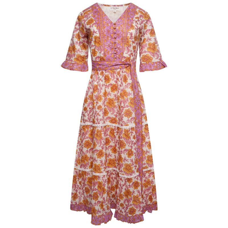 Noemi Yellow Floral Block Print Cotton Midi Dress image