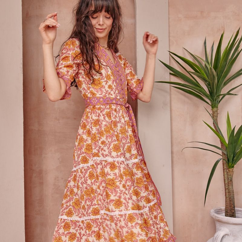 Noemi Yellow Floral Block Print Cotton Midi Dress image