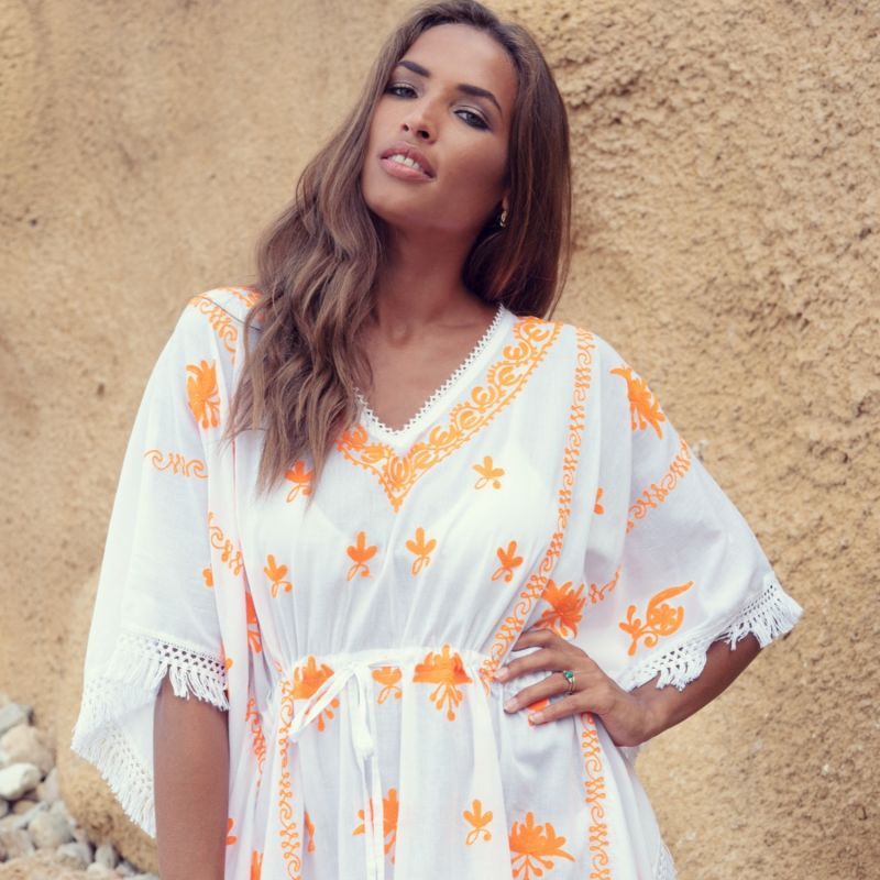 Mykonos White Embroidered Fringed Kaftan image