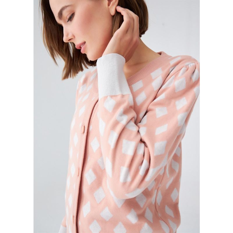 Geometric Pattern Knitwear Cardigan In Salmon/ Ecru image