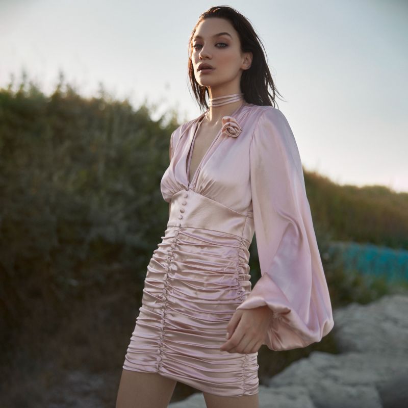 Ruched Mini Dress In Pink Satin image