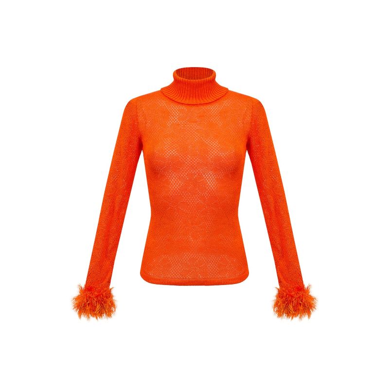 Orange Knit Turtleneck With Handmade Knit Details image