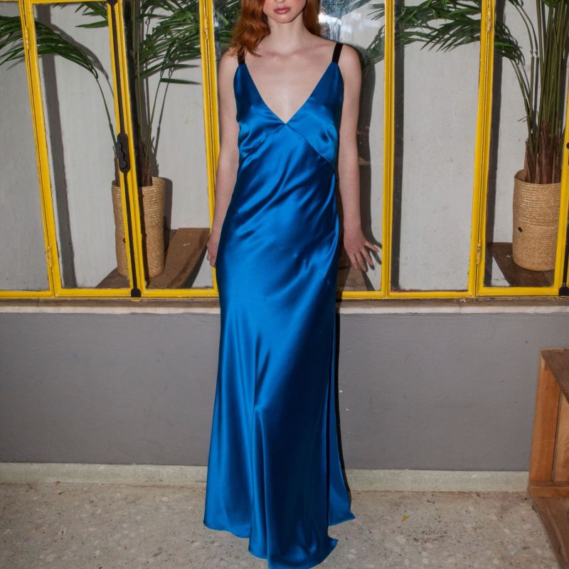 Joi Silk Dress In Royal Blue Roses Are Red Wolf & Badger