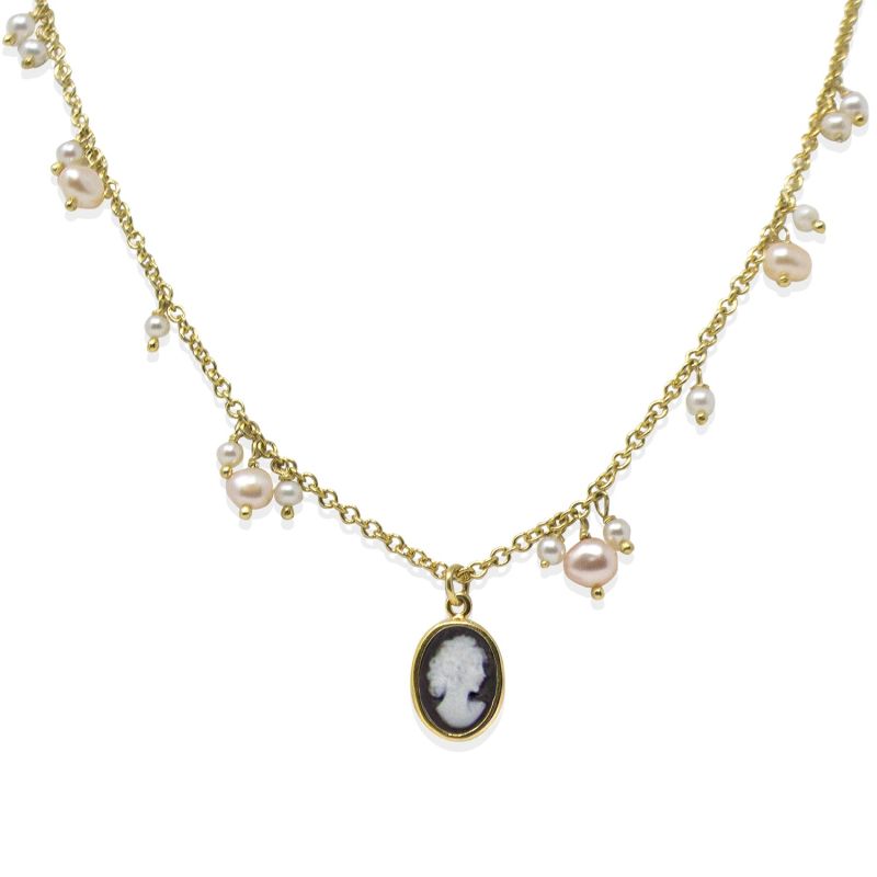 Gold-Plated Dainty Pearls & Mini Cameo Necklace image