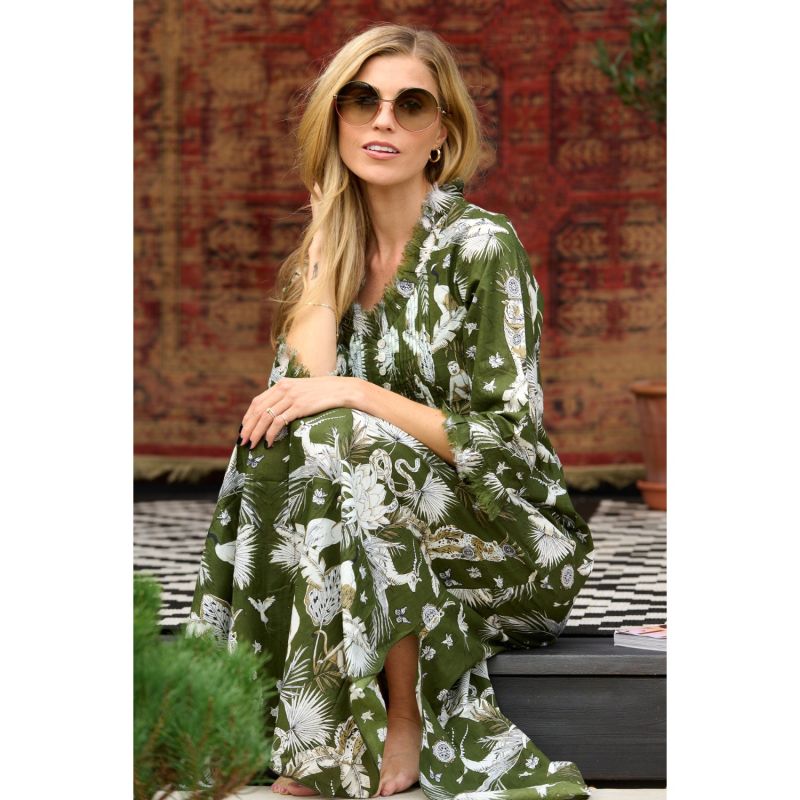 Cotton Annabel Maxi Dress In Olive Green Tropical image