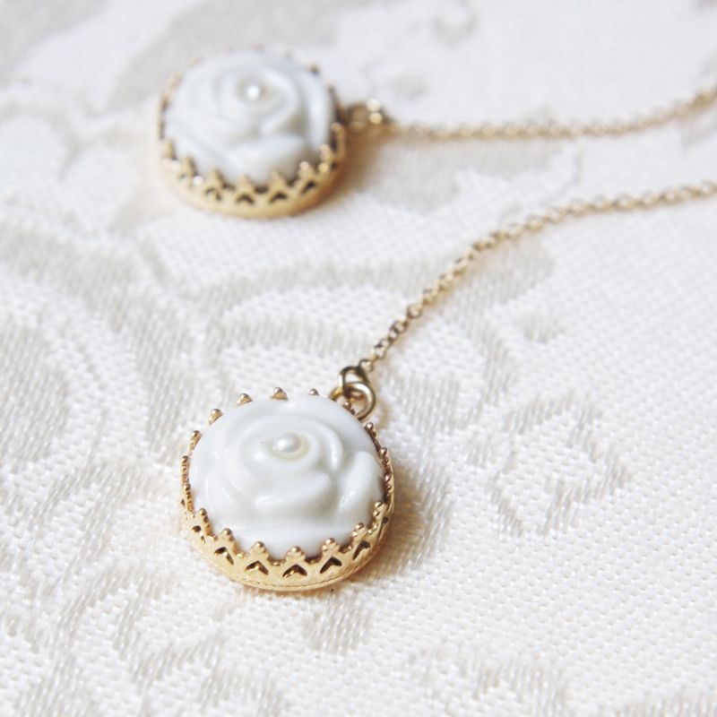 Porcelain Rose With Pearl Gold Filled Chain Earrings image