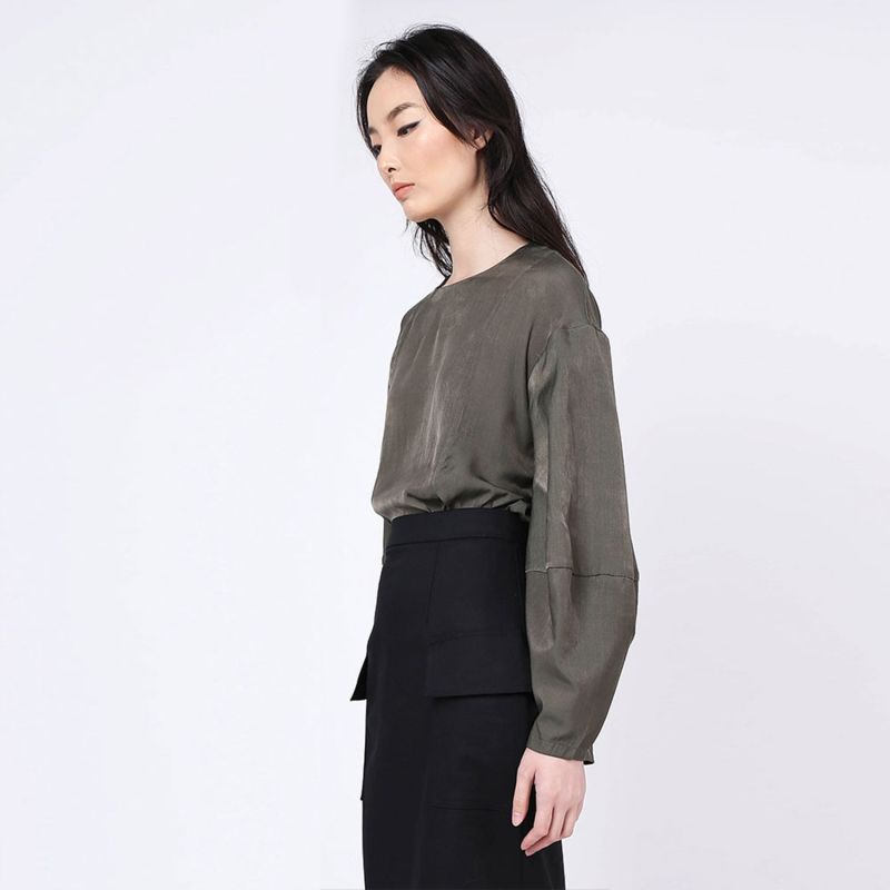 Kimble Lantern Sleeve Cupro - Viscose Blouse In Dark Olivine image