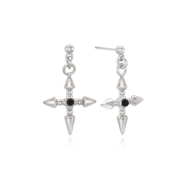 P.D.L Pendulum Cross Earrings with Black Onyx Setting Plated in White Gold 925 Silver image