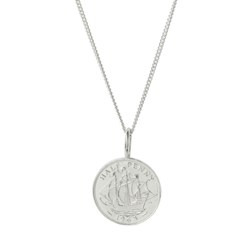 British Half Penny & Chain In Sterling Silver image