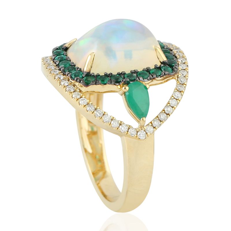 18K Yellow Gold With Diamond & Emerald And Opal Ethiopian Ring image