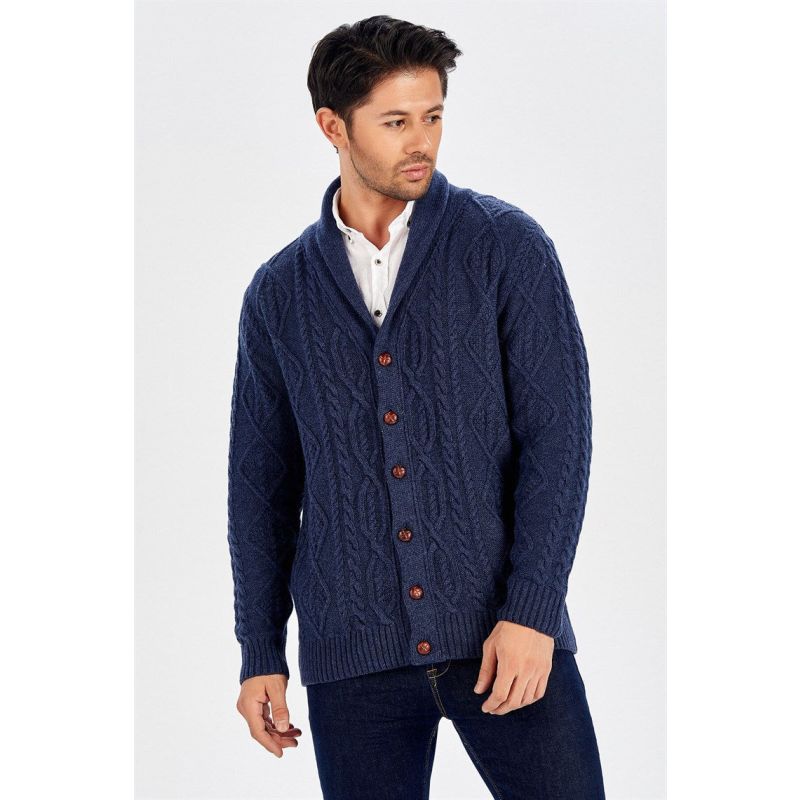 Shawl Collar Cashmere Blend Cable Knit Men's Cardigan - Indigo image