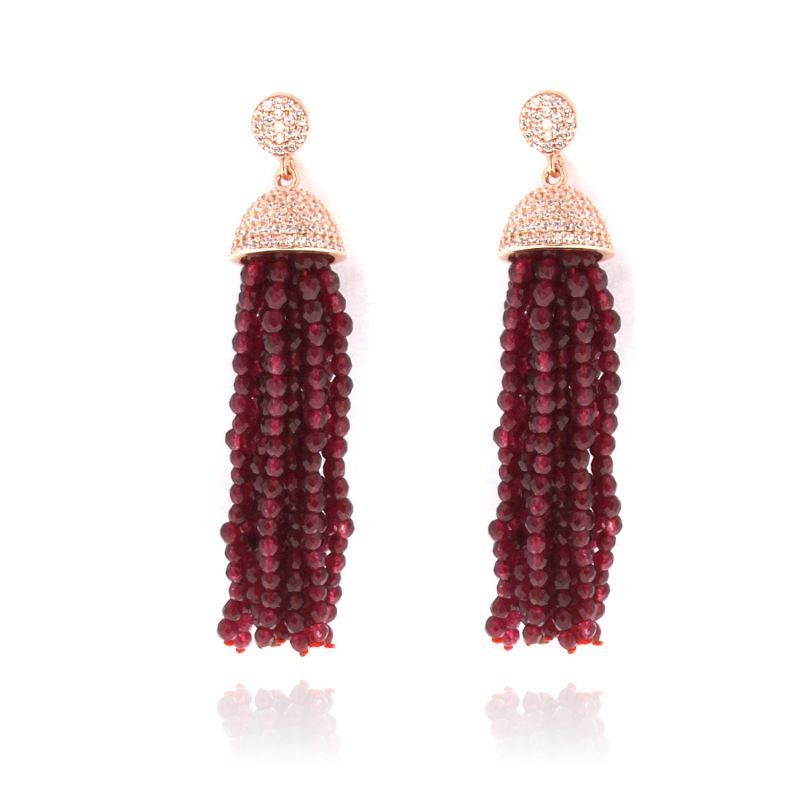 Sterling Silver Red Jade Tassel Earrings in Rose Gold image