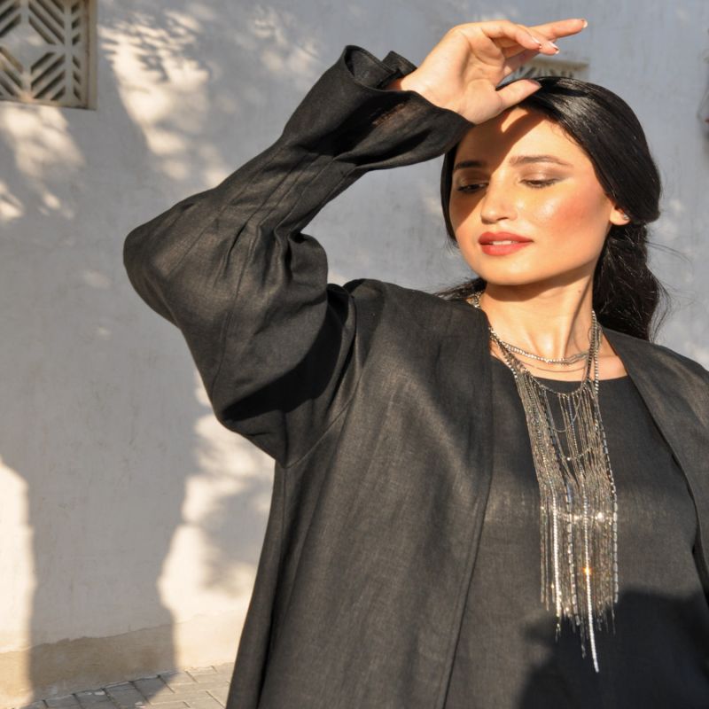 Pure Linen Abaya In Classic Cut With Flared Sleeves With Fitted Stitches Cuff In Jet Black Color image