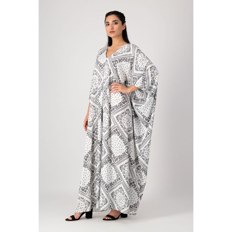 Mariposa Cut Kaftan With Center Fold In White Printed Paisley Rayon image