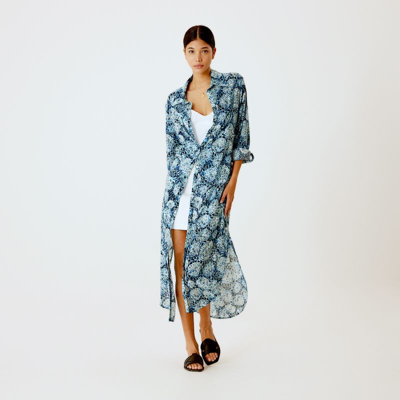 Ocean Button Down Long Shirt Dress In Blue image