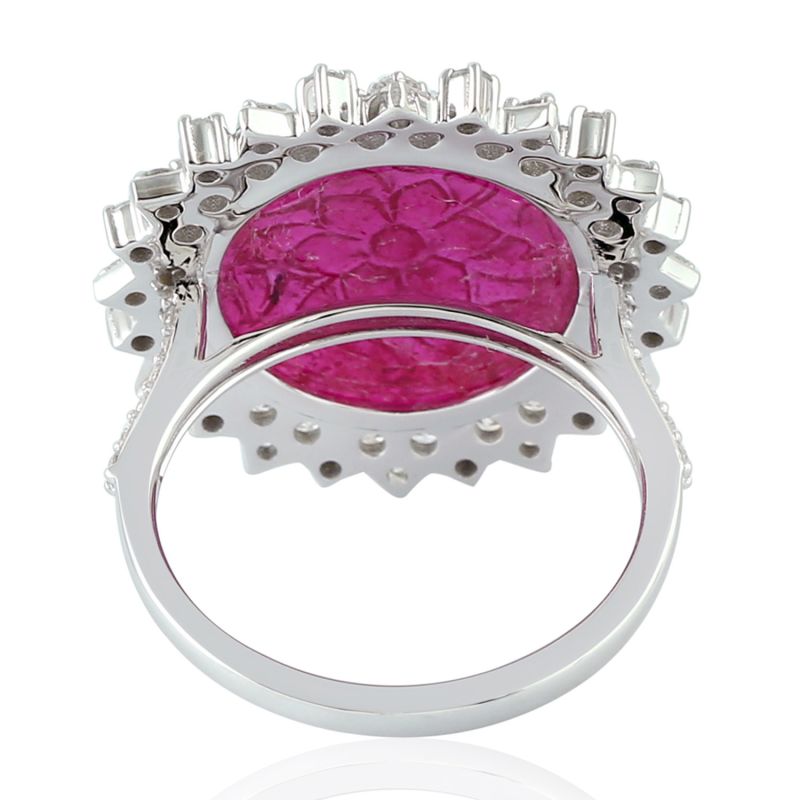18K White Gold With Natural Diamond & Carving Ruby Flower Cocktail Ring image
