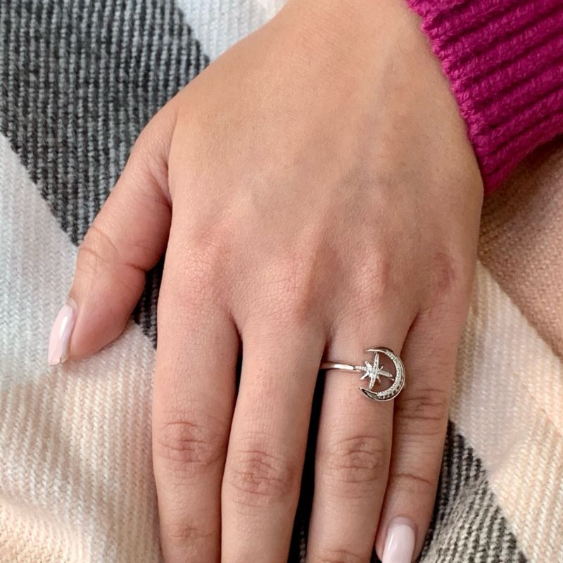 Moon-Cradled Star Ring In Sterling Silver image