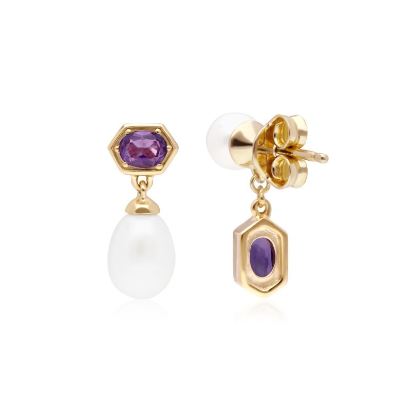 Modern Pearl & Amethyst Mismatched Drop Earrings image