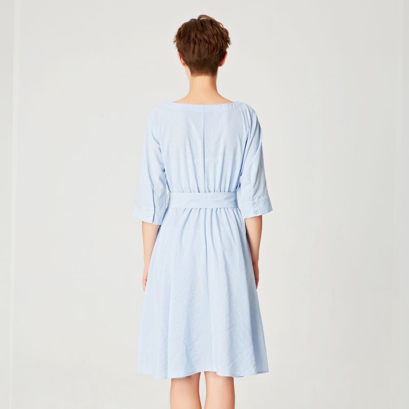 Wide-Belt Flared Dress -Blue image