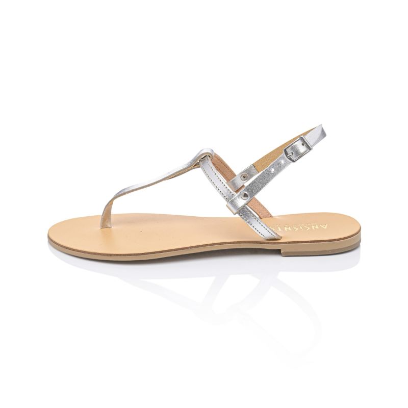 Brizo Silver/Nude Handcrafted Women’s Leather T-Strap Sandals – Designer Fashion Flat Sandals With Toe Separator image