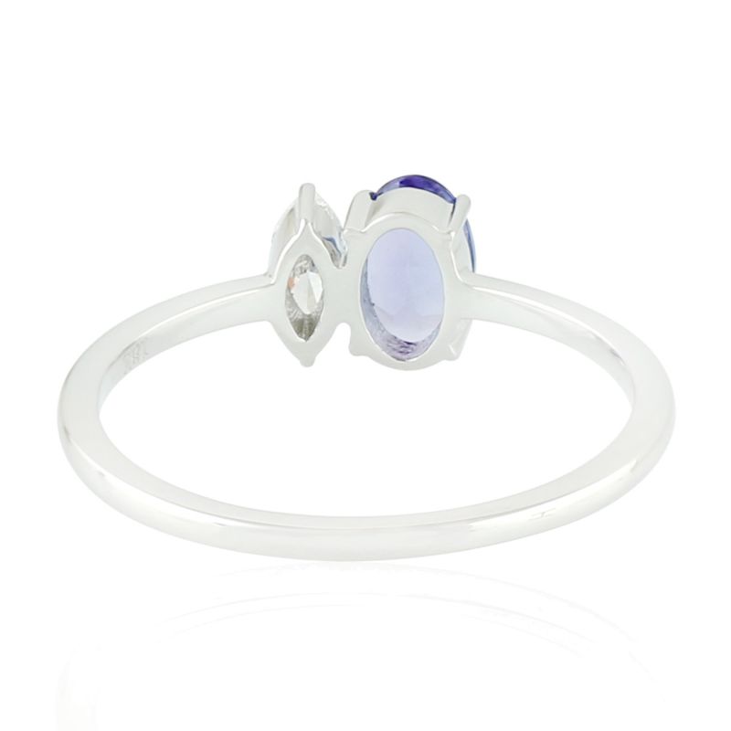 Solid 18K White Gold In Oval Cut Tanzanite & Marquise Diamond Cocktail Ring Jewelry image