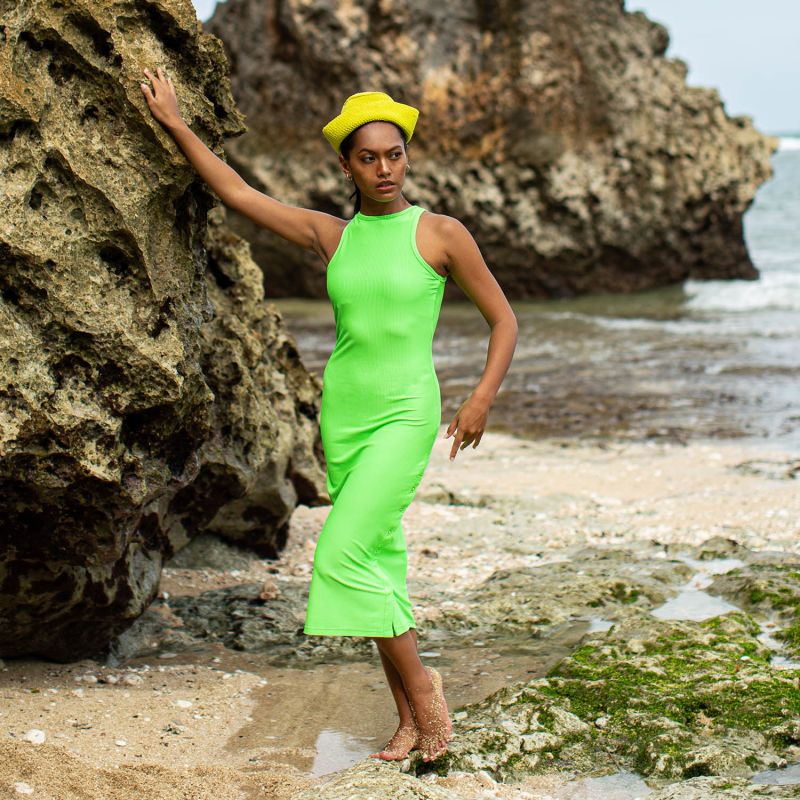 Ola Recycled Rib Midi Dress In Neon Green image