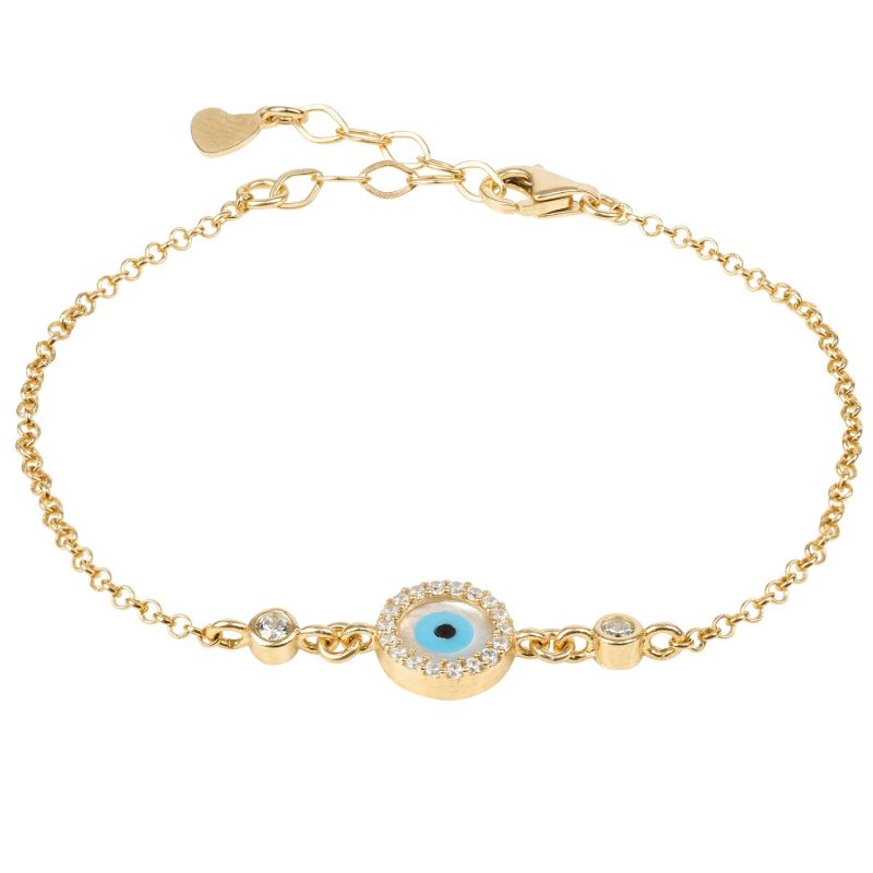 Evil Eye Round Mother Of Pearl Gemstone Bracelet Gold image