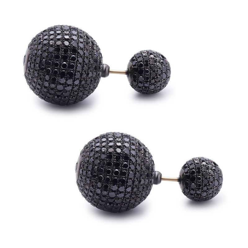 18K Yellow Gold & 925 Silver Pave Black Diamond Beads Front & Back Tunnel Earring image