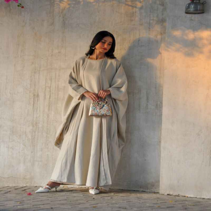 Pure Linen Abaya In Mariposa Cut With Jumbo Stitches In Hemline In Turtle Dove Color image