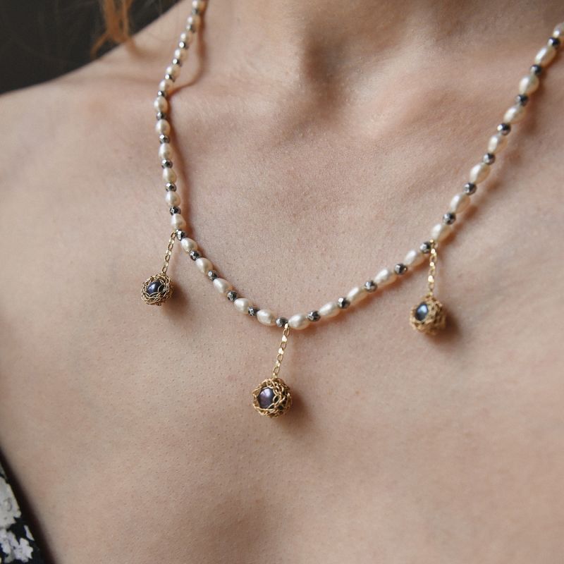 One Of A Kind Hand Crocheted Yellow Gold Trio Necklace With Freshwater Cultured Peacock Pearls And Hematite image