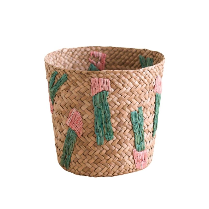 Cactus Embroidery Soft Natural Basket - Handmade Bins image