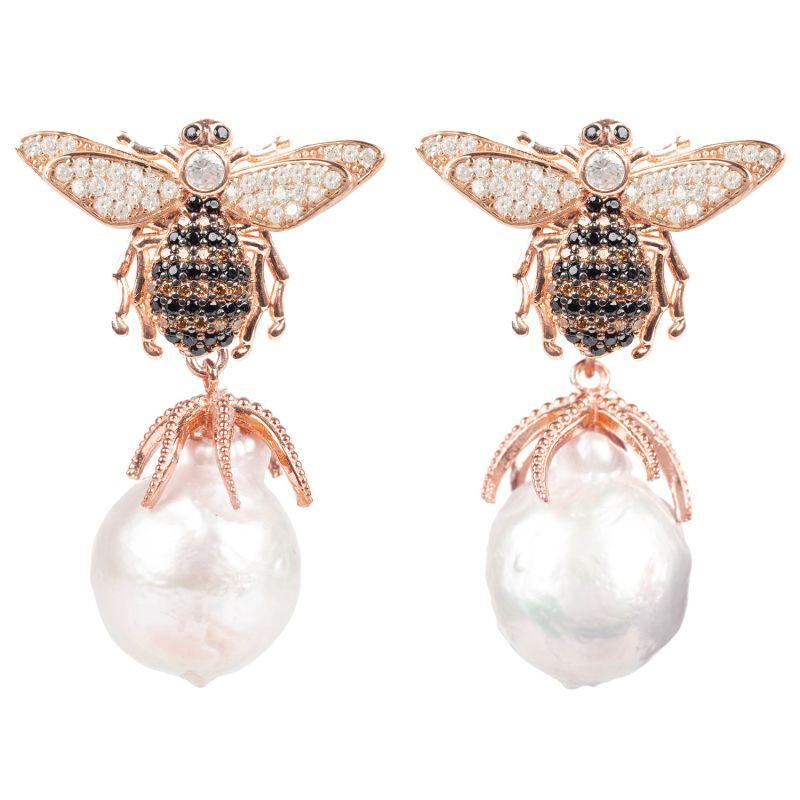 Baroque Pearl Honey Bee Drop Earrings Rosegold image
