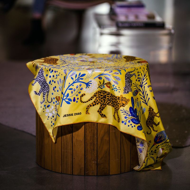 Silk Scarf In Yellow With Leopard & Flowers image