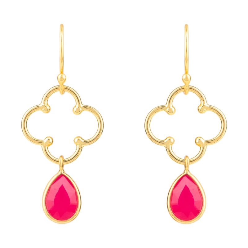 Open Clover Gemstone Drop Earrings Gold Fuchsia Pink Chalcedony image