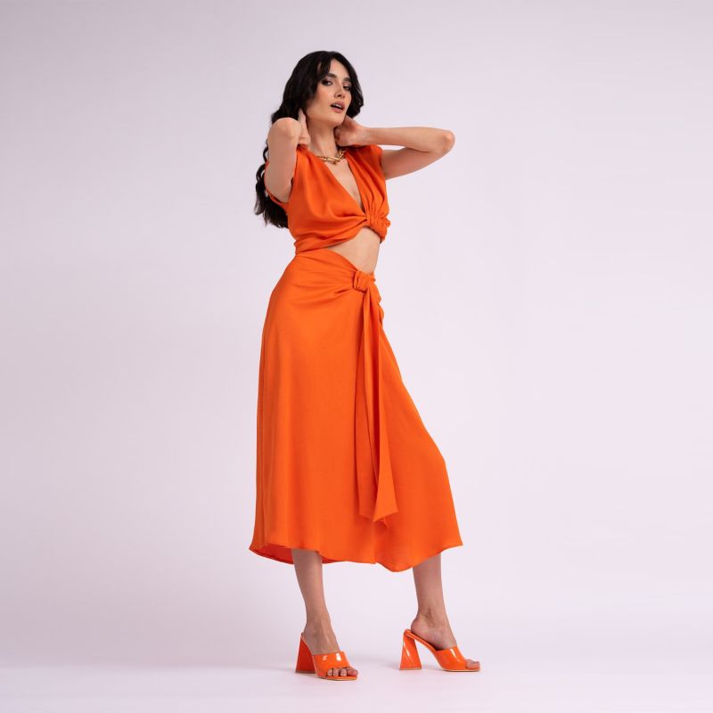 Orange Set With Knotted Top And Midi Skirt image