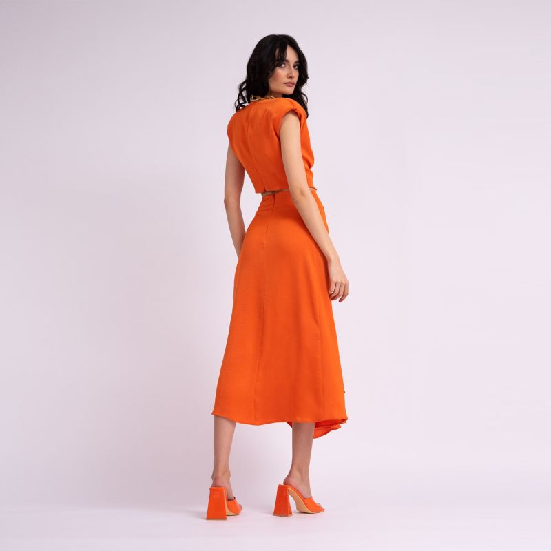 Orange Set With Knotted Top And Midi Skirt image